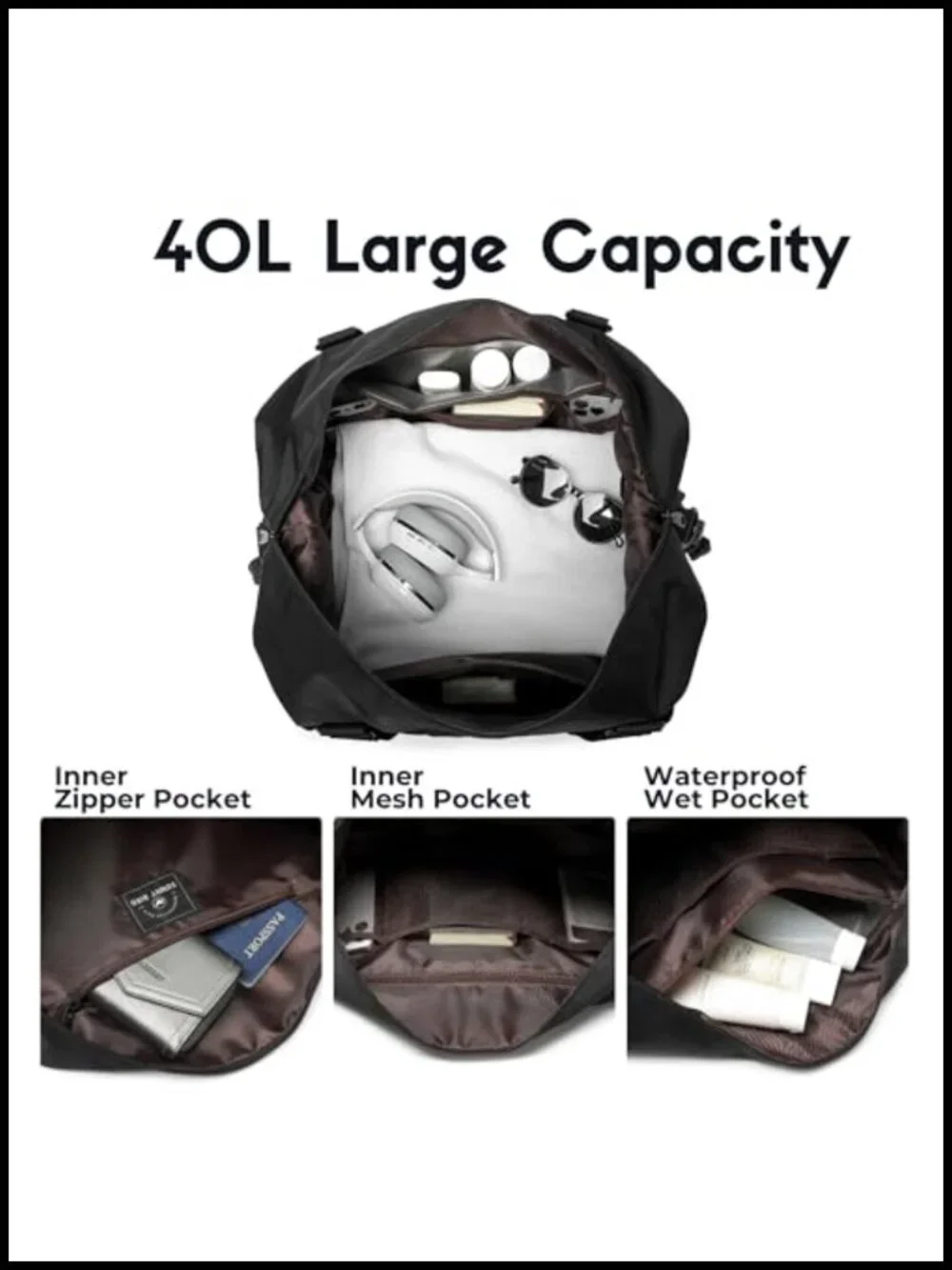 40L Weekender Duffel Bag with Shoe Compartment, Nylon Travel Bag